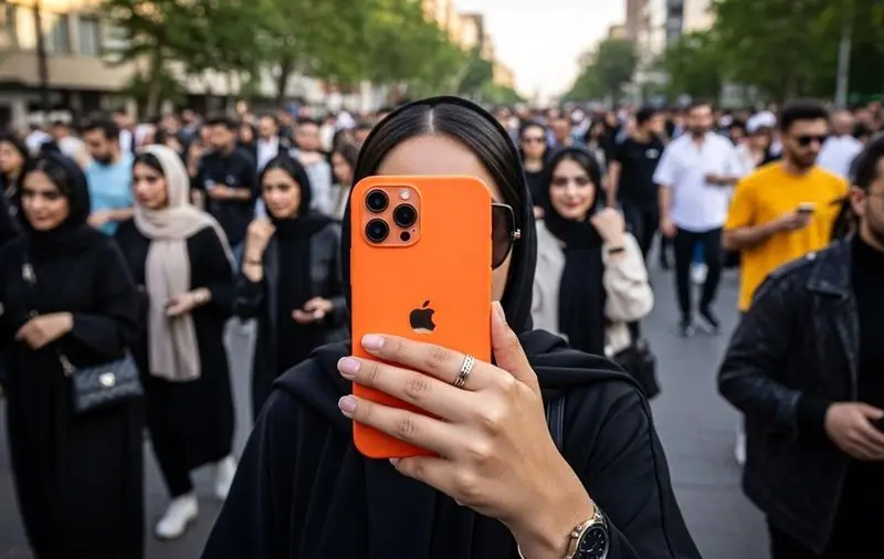 تصویری از یک گوشی موبایل آیفون نارنجی رنگ که نمادی از رقابت اپل و سامسونگ است