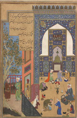 دیدار سعدی با جوان کاشغری (باب پنجم گلستان، حکایت 17) نگارگری منتسب به کمال‌الدین بهزاد